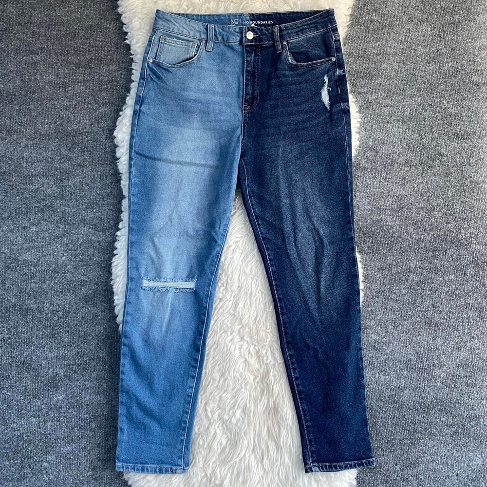 NO BOUNDARIES TWO TONE SPLIT BLUE DENIM JEANS DISTRESSED HIGH RISE STRAIGHT LEG
